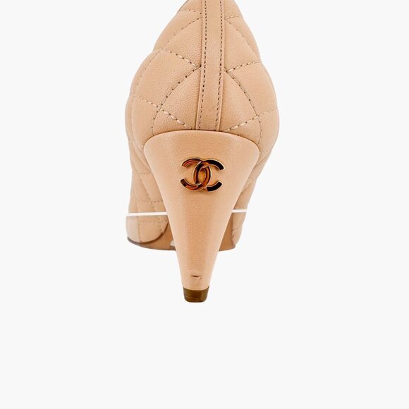 Chanel Quilted Cap Toe CC Pumps Size 36.5 US 5.5-6 Beige Black Low Heel Leather - Picture 7 of 14